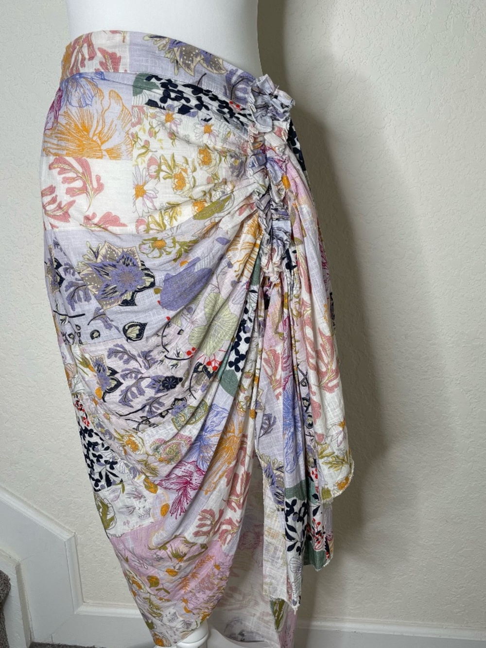 Z&L Floral Wrap Skirt M Cotton Sarong Draped Asymmetrical Boho Summer Resortwear